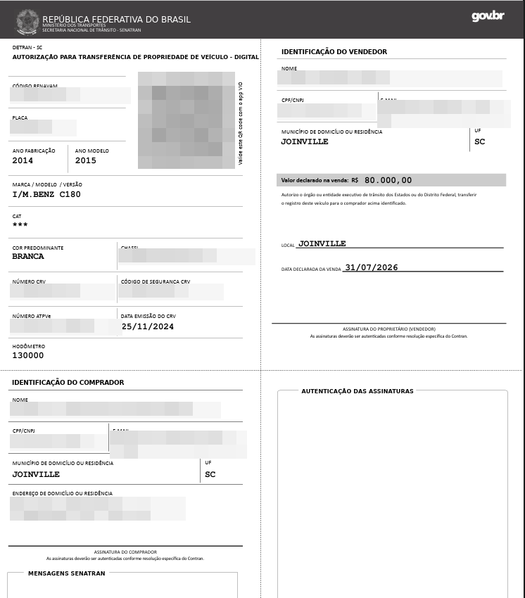 ATPV-e real emitida em Joinville, com dados pessoais ocultos