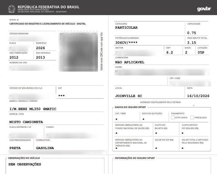 CRLV digital real emitido em Joinville, com dados pessoais borrados